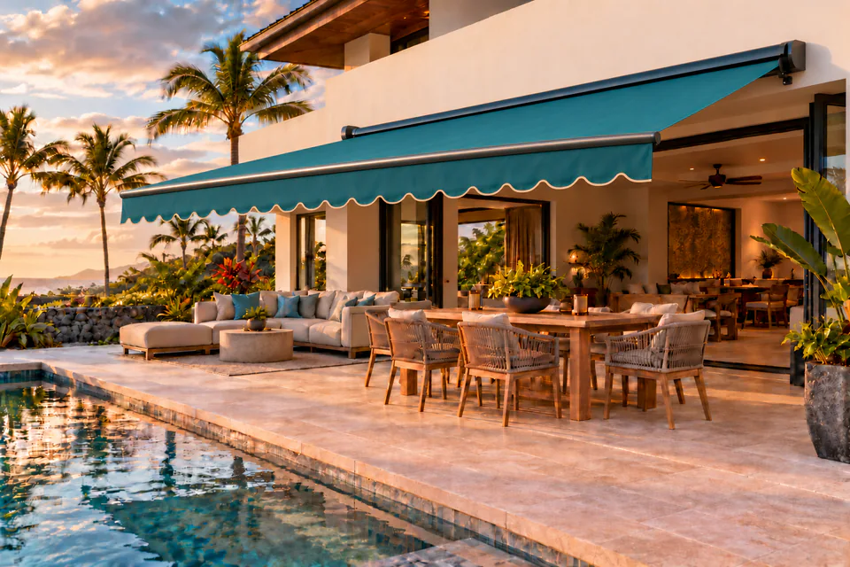 Retractable awning over an upscale Hawaiian home lanai