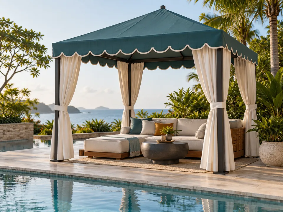 Custom teal resort cabana beside a pool