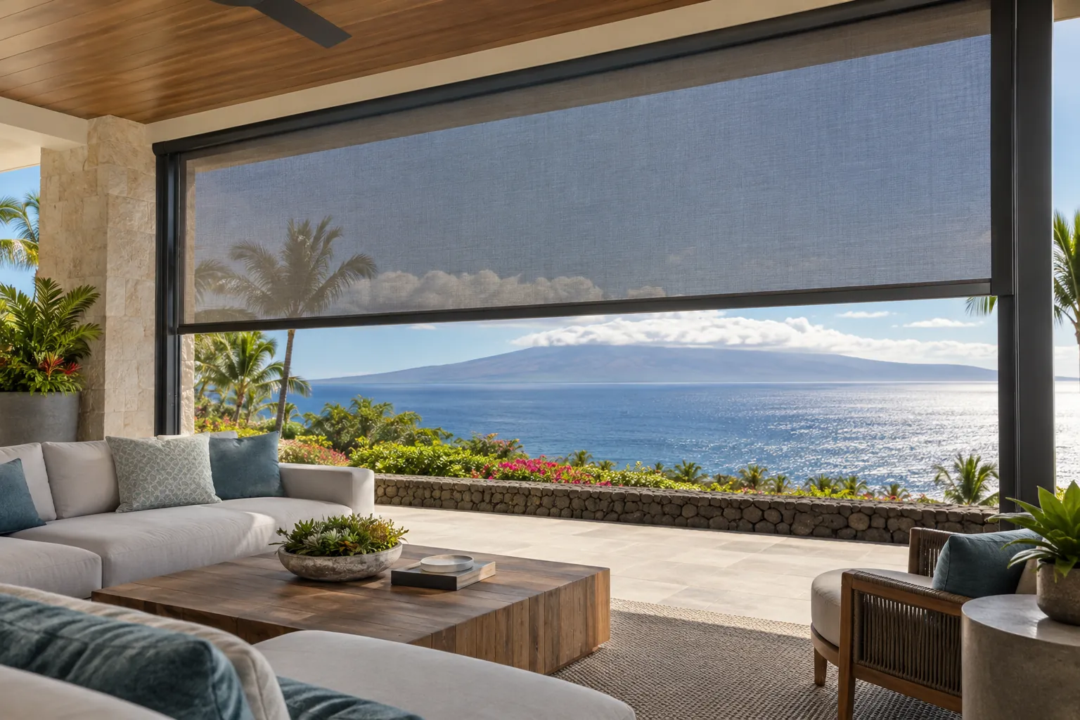 Custom shade screen on an ocean-view lanai